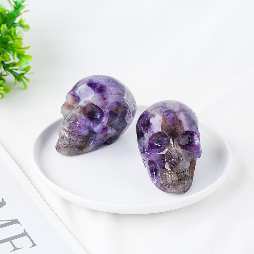 Two purple crystal skulls on a white plate with a green plant in the corner.