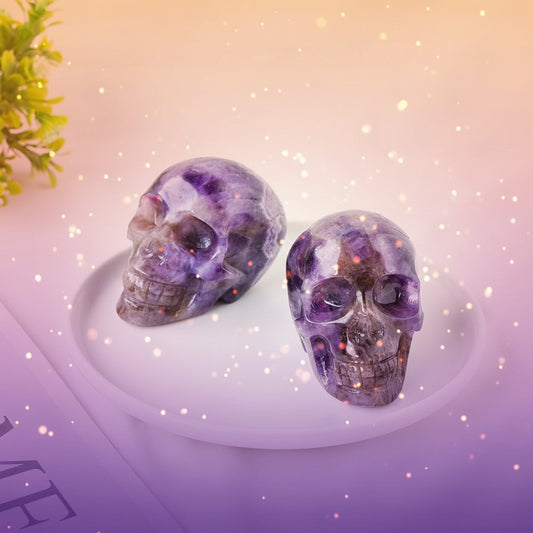 Two purple crystal skulls on a white plate with a green plant in the corner.