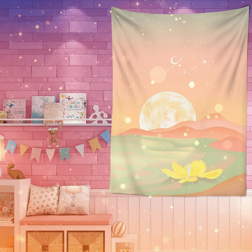 Tapestry with a sunset design hanging on a pink brick wall.