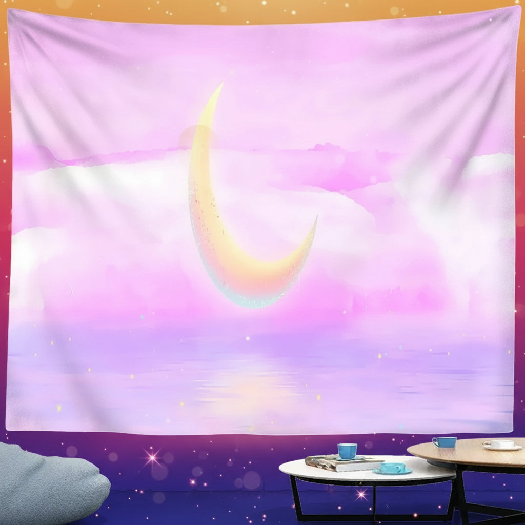Tapestry with a crescent moon design hanging on a brick wall.