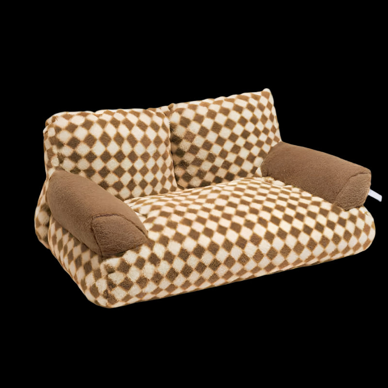 Checkered pet bed with brown accents on a white background