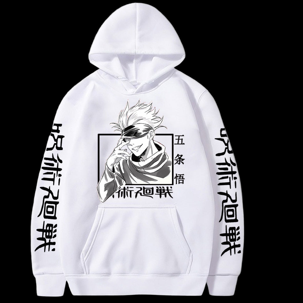 White hoodie with black graphic and text on a white background