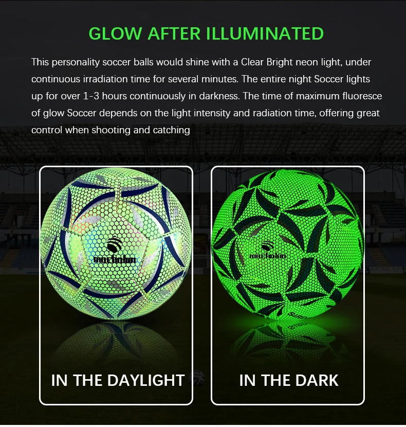 Two soccer balls, one glowing in daylight and one glowing in the dark, with text explaining their glow properties.