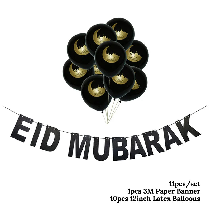 Black balloons with gold crescent moons and 'Eid Mubarak' banner on a white background
