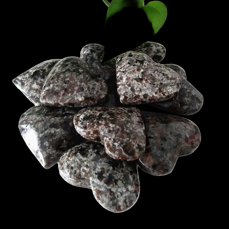 Heart-shaped stones with a green leaf on a white background