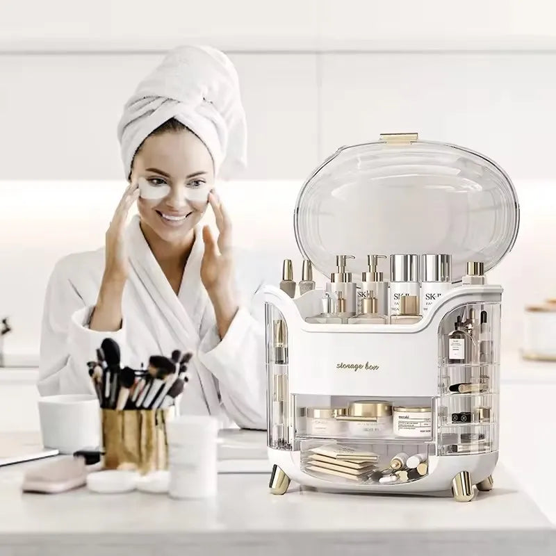 Woman applying eye masks with a clear cosmetic organizer on a white surface
