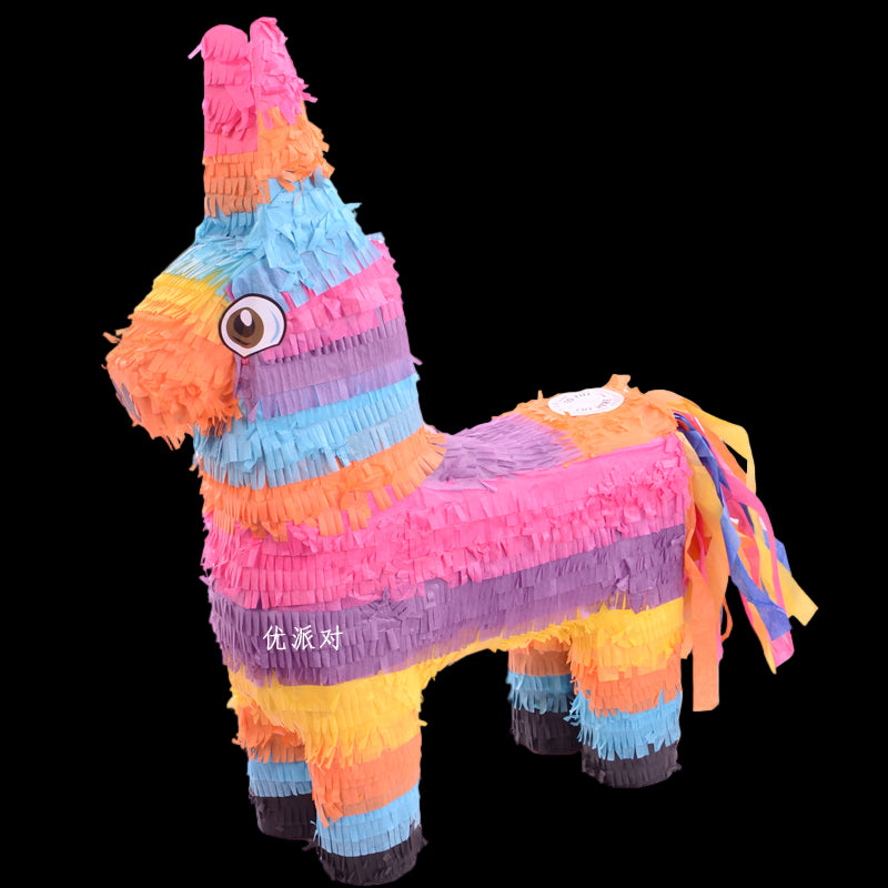 Colorful piñata shaped like a donkey on a white background
