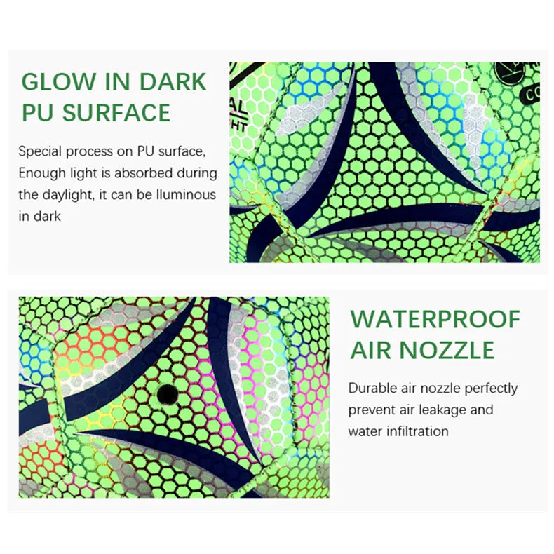 Glow-in-the-dark PU surface and waterproof air nozzle features on a product packaging.