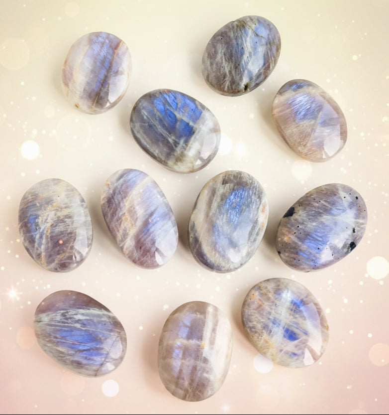 Collection of Labradorite stones on a white background