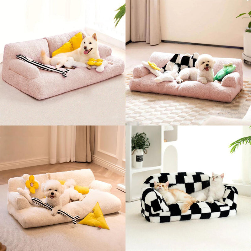 Collage of a dog lying on a pink pet bed with checkered pattern, surrounded by toys.