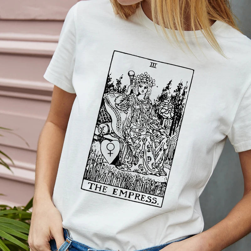White t-shirt with 'The Empress' tarot card design worn by a person.