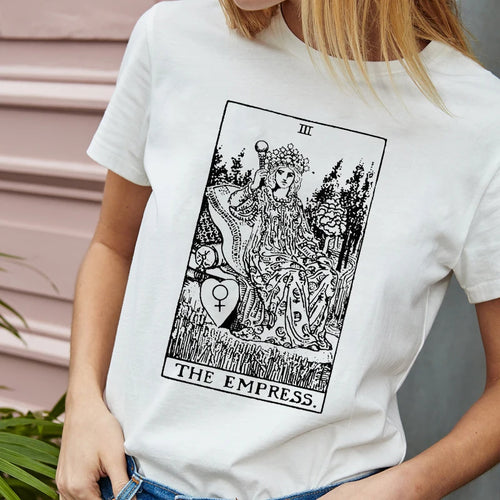 White t-shirt with 'The Empress' tarot card design worn by a person.