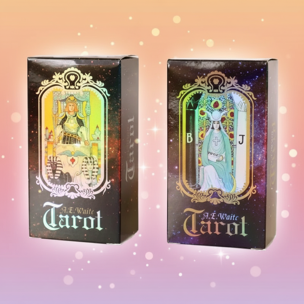Two tarot card boxes with artistic designs on a white background
