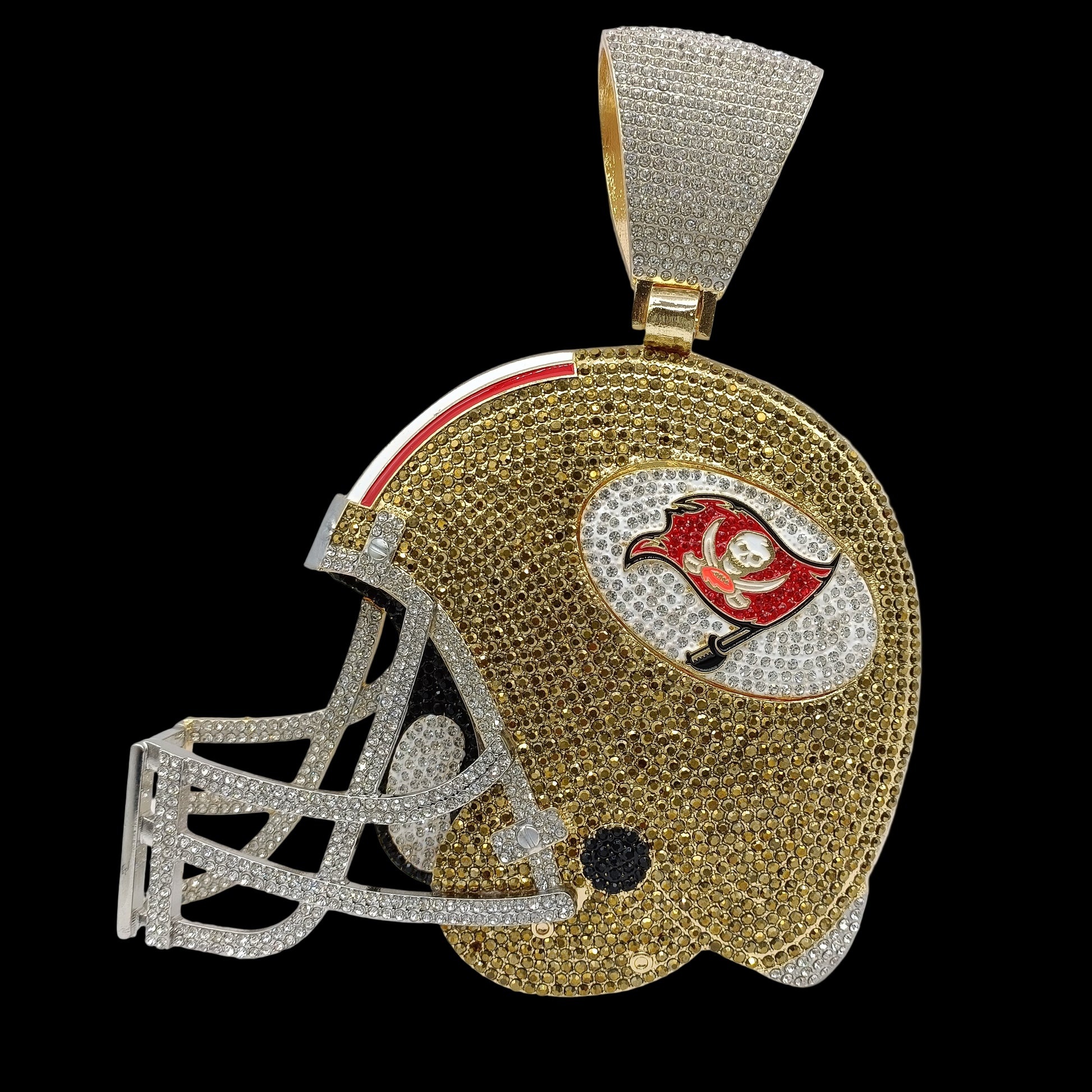 Gold and silver helmet-shaped pendant with a logo on a white background
