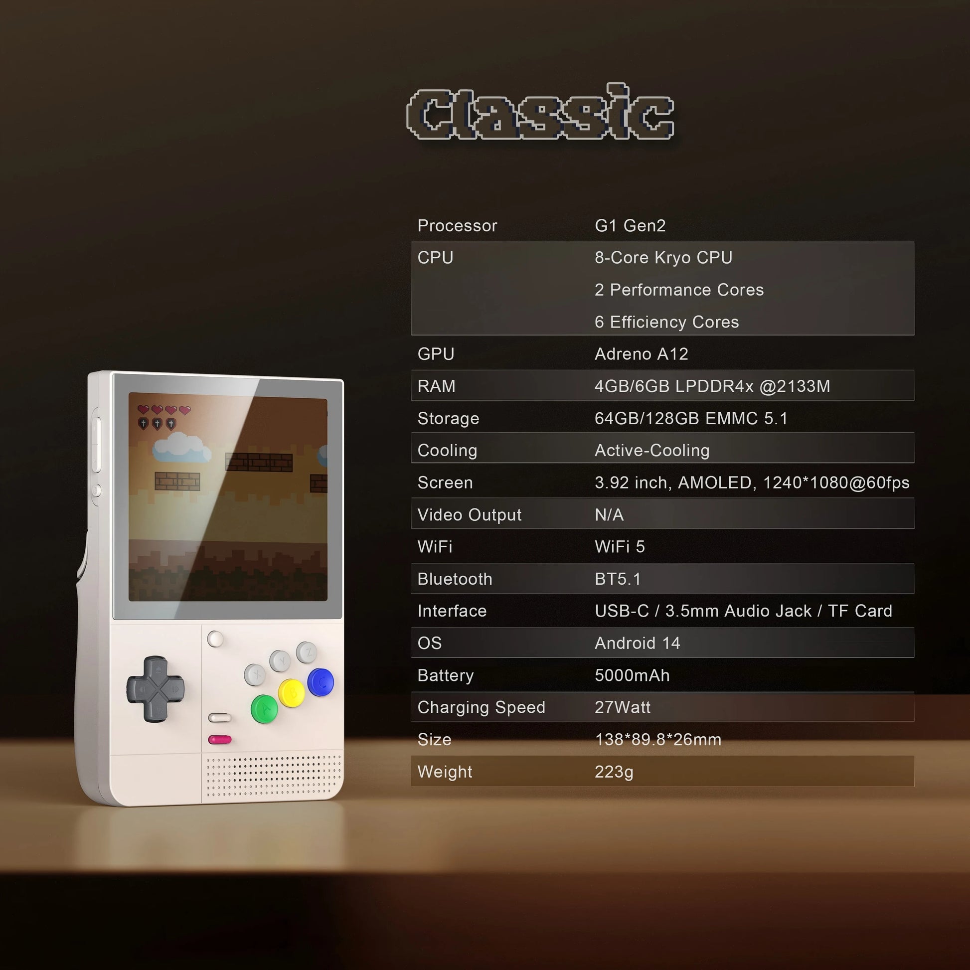 Handheld gaming console with specifications displayed on a dark background