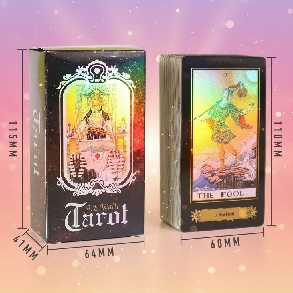 A deck of tarot cards with its packaging, showing dimensions and a card titled 'The Fool'.