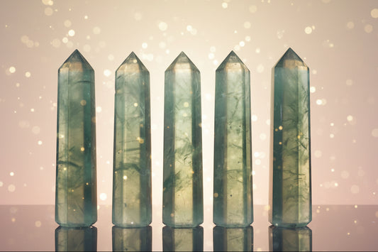 Five green crystal points on a white background