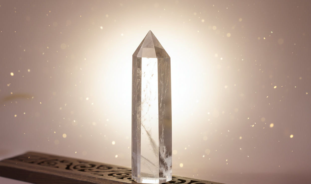 Clear crystal tower on a wooden stand with a gray background