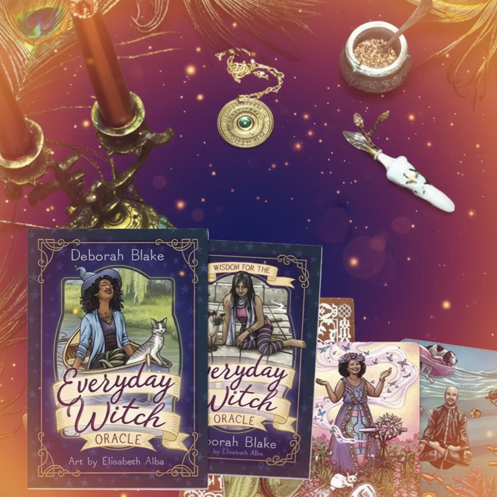 Everyday Witch Oracle cards on a wooden surface with candles and other items.