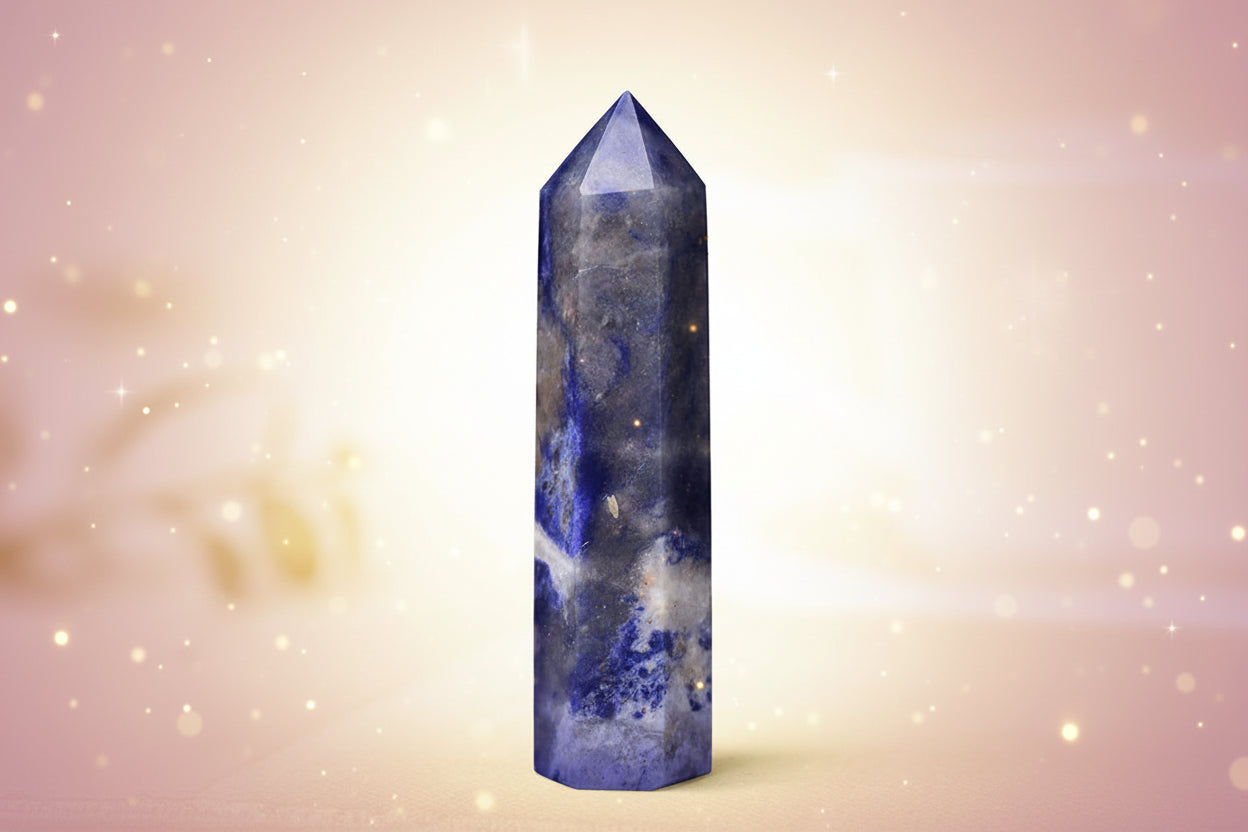 Blue crystal tower on a light surface with a blurred background