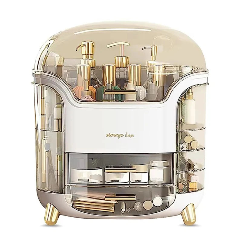 Cosmetic organizer with various products on a white background