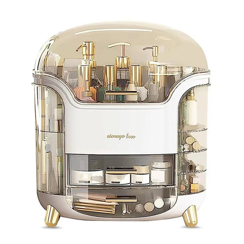 Cosmetic organizer with various products on a white background