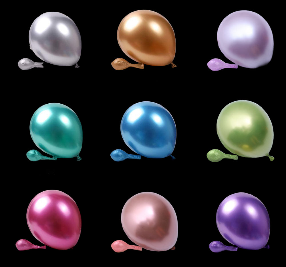 Collection of metallic balloons in various colors with labels below each.