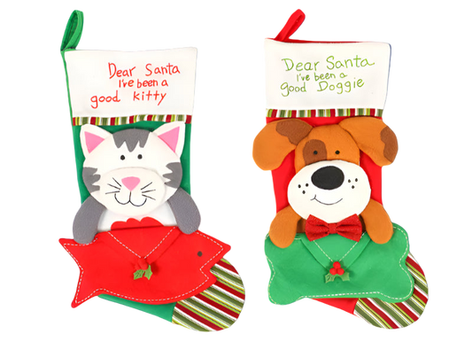 Two Christmas stockings for a cat and dog with festive designs on a white background.