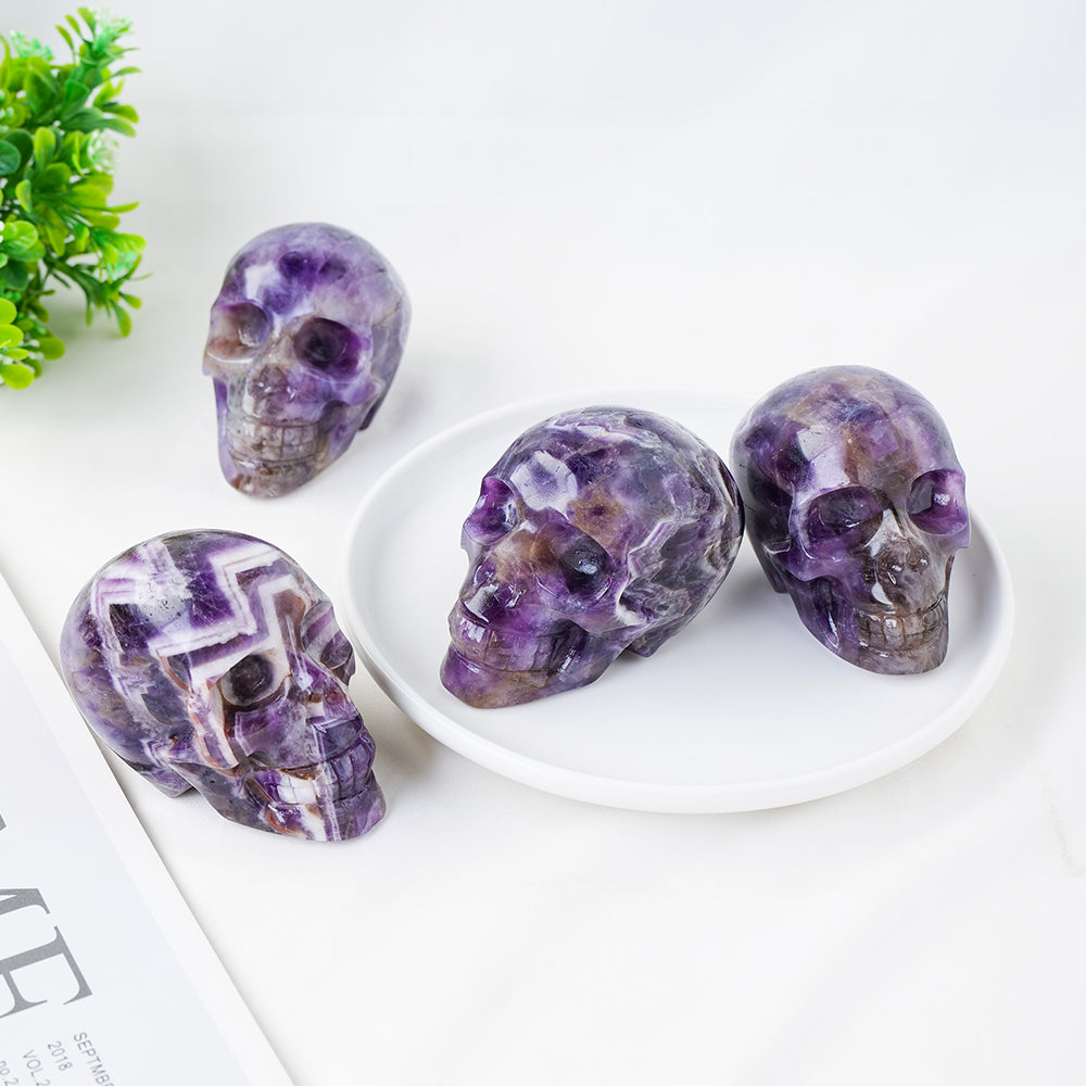 Four crystal skull figurines on a white surface with a green plant in the background.