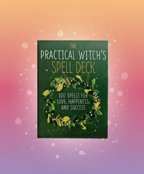 Book titled 'The Practical Witch's Spell Deck' with green cover and decorative text.
