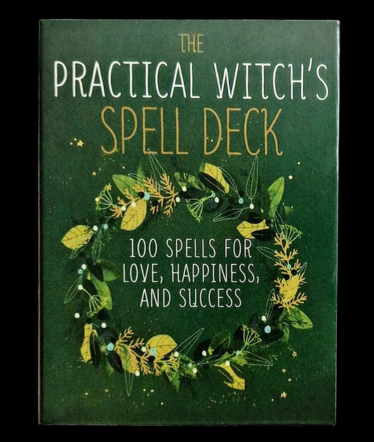 Book titled 'The Practical Witch's Spell Deck' with green cover and floral design