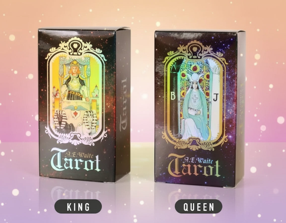 Two tarot card boxes labeled 'King' and 'Queen' on a light pink background.