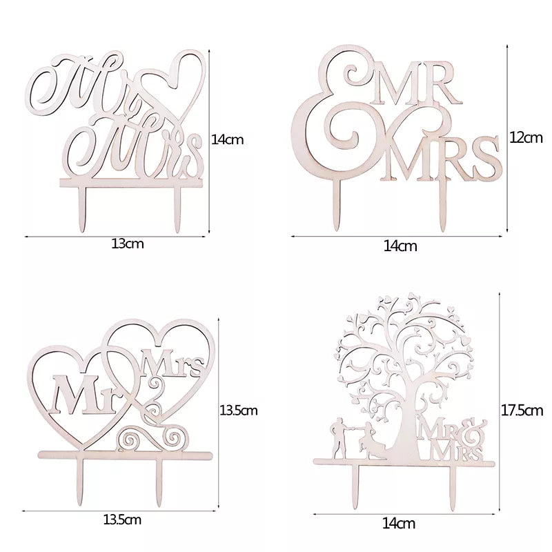 Set of wedding cake toppers with 'Mr & Mrs' text and tree design, shown with measurements.