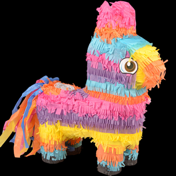 Colorful piñata shaped like a horse on a white background