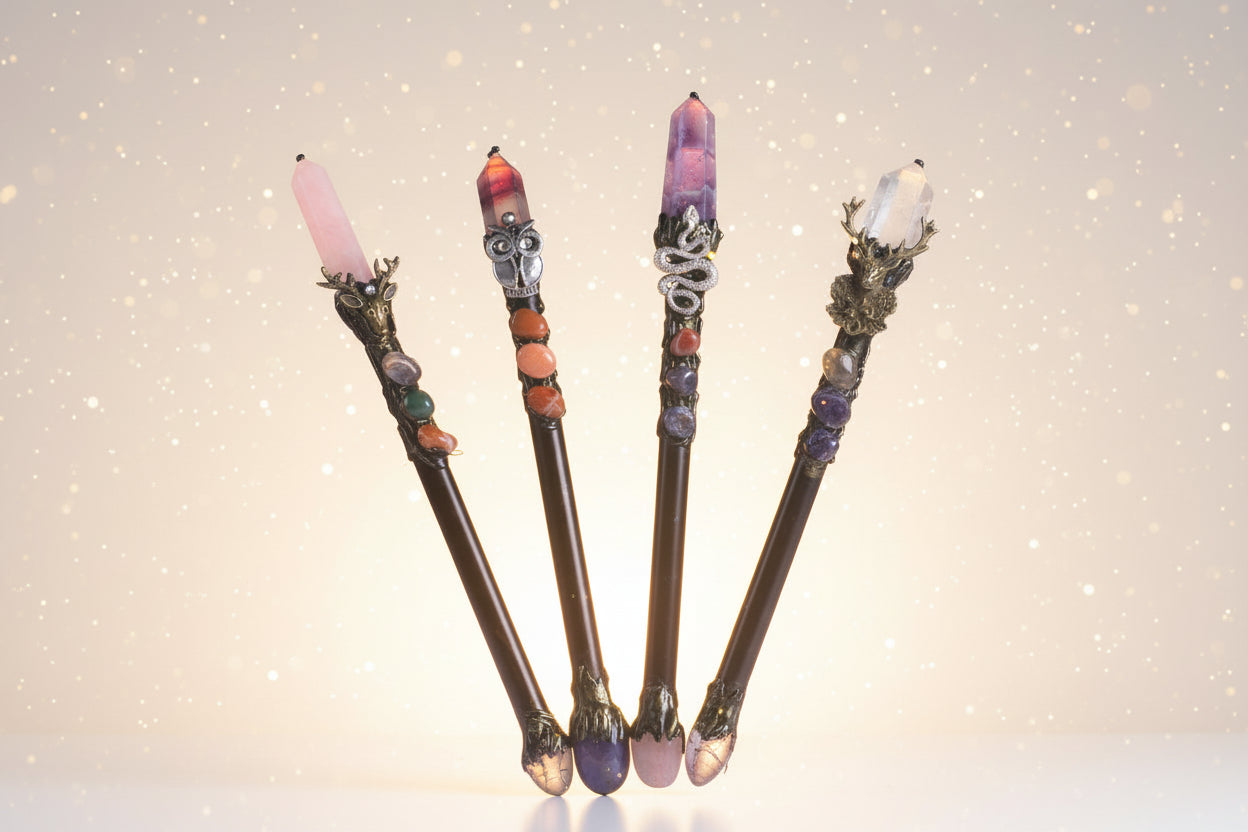 Set of decorative wands with crystals on a gradient background