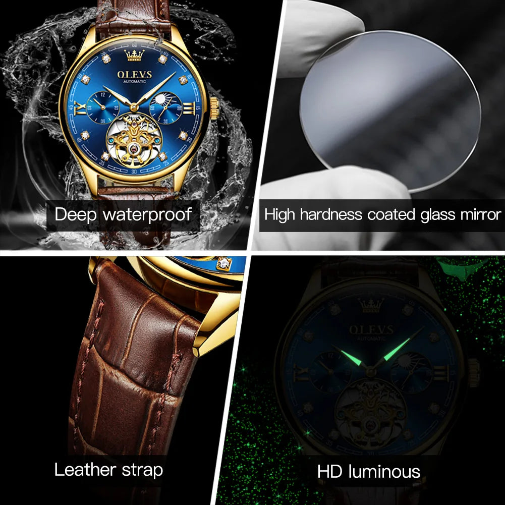 Collage of OLEVS watch features including deep waterproof, high hardness glass mirror, leather strap, and HD luminous.