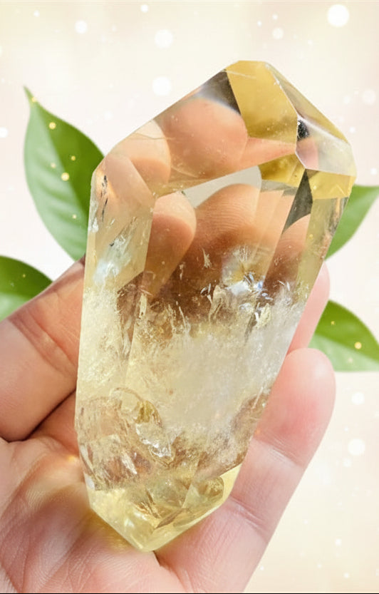 Clear crystal held in a hand with a blurred green plant background