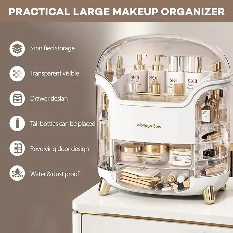 Large makeup organizer with SK-II products on a white surface, featuring text highlighting its features.