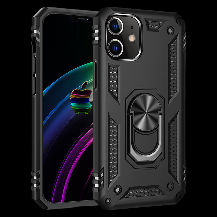 Black phone case with ring holder on a white background