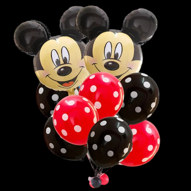 Balloon bouquet with Mickey Mouse face and polka dot design on a white background
