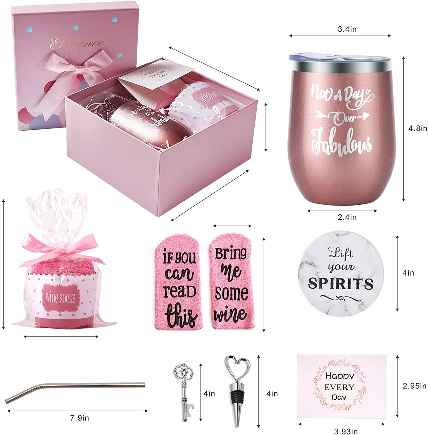 Collection of pink-themed items including a wine tumbler, socks, and decorative elements with measurements.