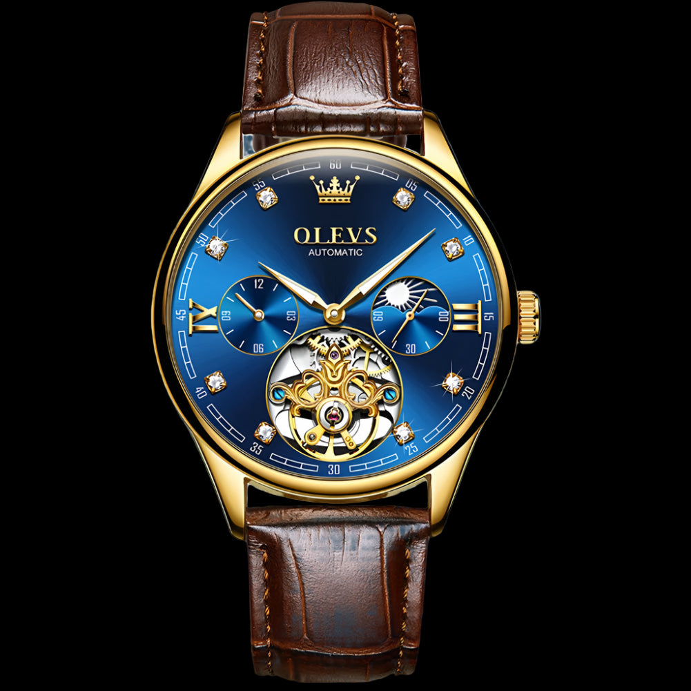 Luxury watch with blue face and brown leather strap, featuring OLEVS branding.