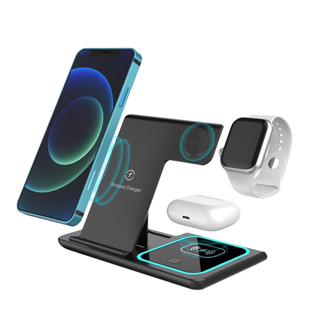 Wireless charging stand with smartphone, tablet, and smartwatch on a white background