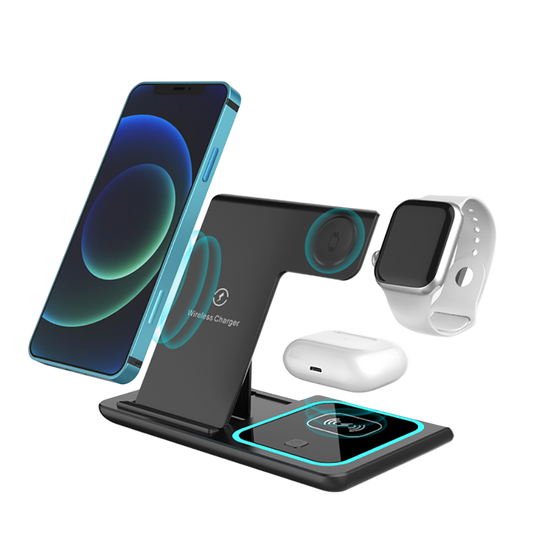 Wireless charging stand with smartphone, tablet, and smartwatch on a white background