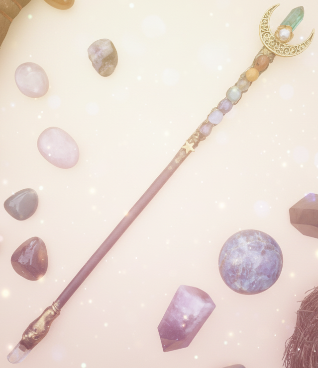 Decorative wand with colorful beads and moon design on a dark surface with crystals and stones.