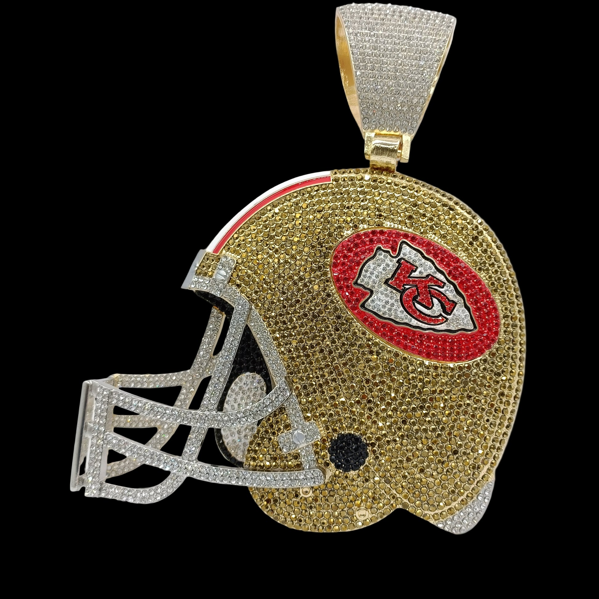 Gold helmet-shaped pendant with red and white logo on a white background