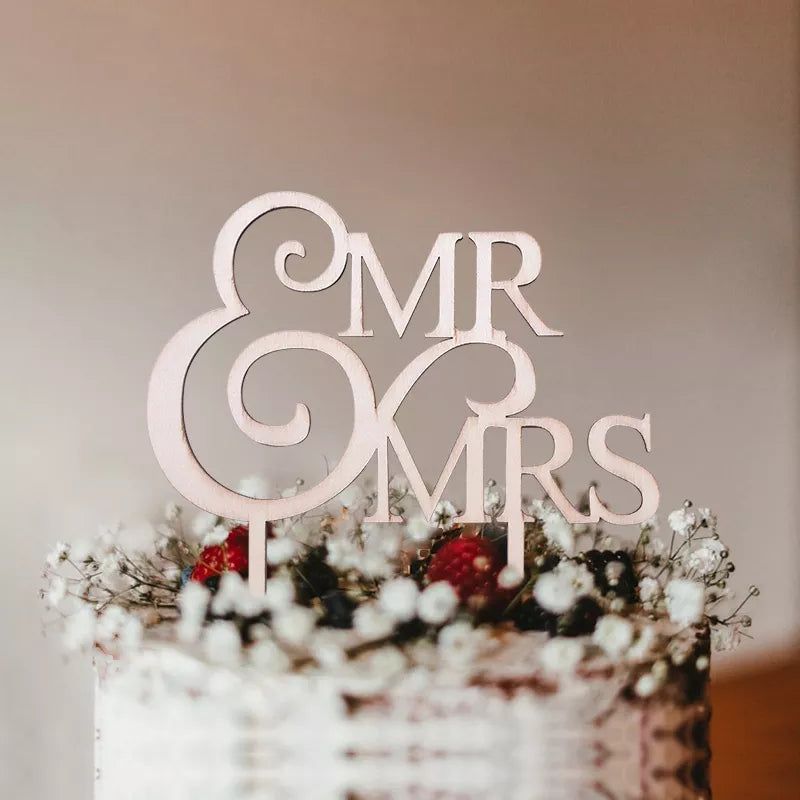 1 Pc Wooden Just Married Mr & Mrs  Bride and Groom Wedding Cake Topper