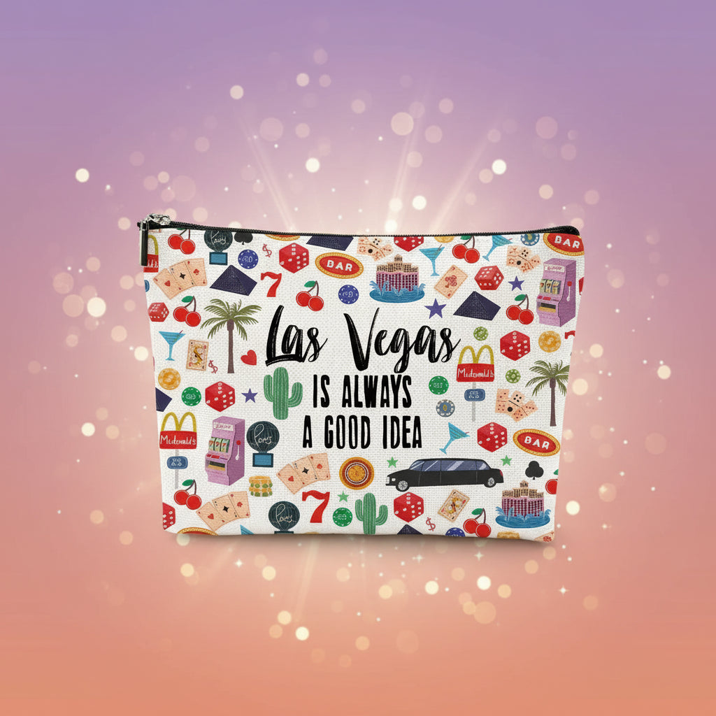 Pouch with Las Vegas-themed design and text on a white background