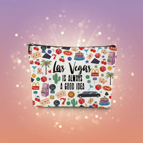 Pouch with Las Vegas-themed design and text on a white background