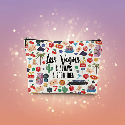 Pouch with Las Vegas-themed design and text on a white background